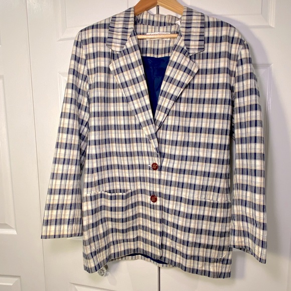 Vintage Oversized Blue Cream Tartan Plaid Blazer Jacket Sz 10 Shoulder Pads - Picture 1 of 6